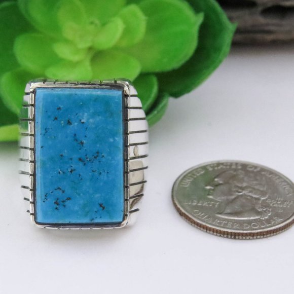 Navajo Kingman Turquoise Sterling Silver Large Rectangular Men's Ring Size 11 3/ - Picture 5 of 8